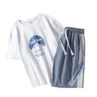 Set: Short-sleeve Mountain Print T-shirt + Shorts