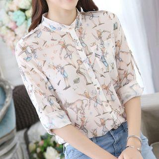 Print Tab-sleeve Chiffon Shirt