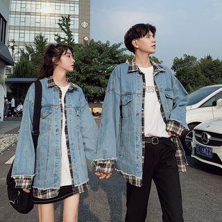 Couple Matching Mock Two-piece Plaid Paneled Buttoned Denim Jacket