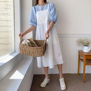 Set: Puff-sleeve Top + Spaghetti-strap Tie-waist Dress