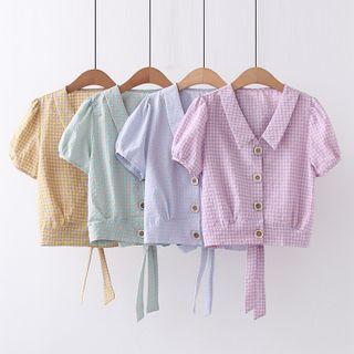 Short-sleeve Plaid Buttoned Blouse