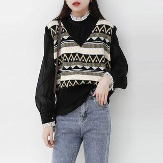 Patterned Sweater Vest / Mock-neck Blouse