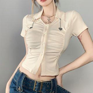 Short-sleeve Heart Drop Shirred Polo Shirt