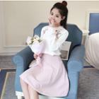 Set: Flower Embroidered Long Sleeve Top + A-line Skirt