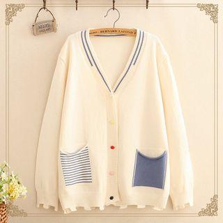Color-block Pocket V-neck Knit Cardigan