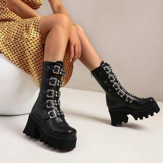 Platform Buckled Mid-calf Boots
