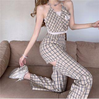 Halter Plaid Camisole Top / High-waist Wide-leg Pants