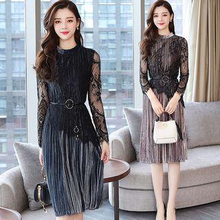Long-sleeve Lace Panel Midi Pleated Velvet Dress
