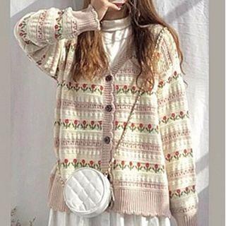 Flower Print Cardigan / Lace Midi A-line Skirt / Set