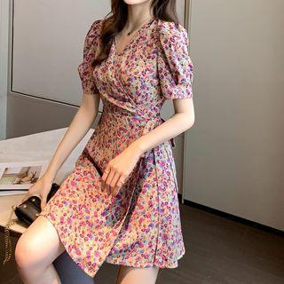 Balloon-sleeve V-neck Floral Chiffon Dress