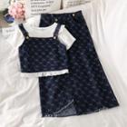 Short-sleeve Pattern Pocket Detail Denim Top / Pattern Split Skirt