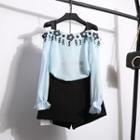 Cold-shoulder Flower Long-sleeve Blouse / Mini Wrap Skort / Set