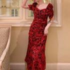 Puff-sleeve Print Maxi Sheath Dress