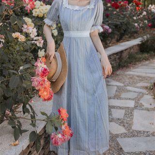Plaid Short-sleeve Square-neck Midi A-line Dress