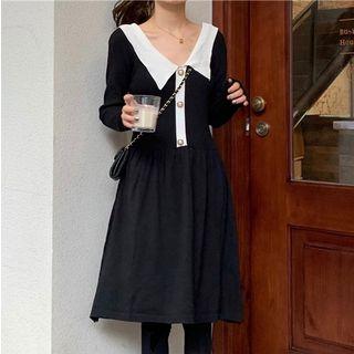Long-sleeve Color Block Polo Shirt Dress Black - One Size