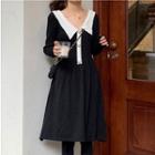 Long-sleeve Color Block Polo Shirt Dress Black - One Size