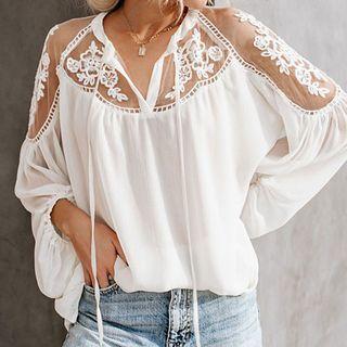 Long-sleeve Floral Lace Panel Blouse