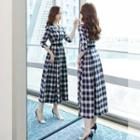 Elbow-sleeve Plaid Midi A-line Shirt Dress