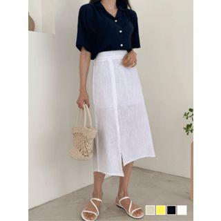 Deep-slit Asymmetric-hem Long Skirt