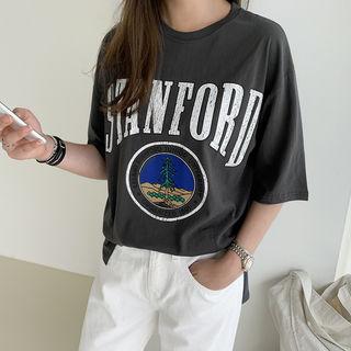 Letter Print Cotton T-shirt Charcoal Gray - One Size