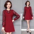 Long-sleeve Mesh Panel A-line Dress