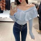 Long-sleeve V Neck Ruffle T-shirt