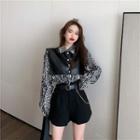 Printed Leopard Long-sleeve Shirt / Leather Cape / High Waist A-line Shorts With Belt