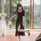 Short-sleeve Square-neck Side-slit A-line Dress