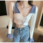 Contrast Color Long-sleeve Cropped T-shirt White - One Size