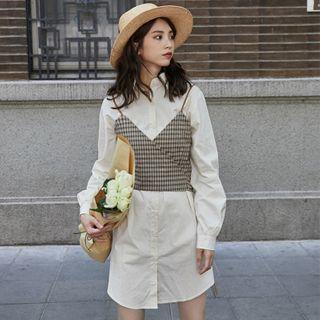 Set: Shirtdress + Plaid Camisole Top As Shown In Figure - One Size