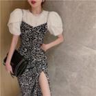Puff-sleeve Top / Chain-strap Leopard Print Midi Sheath Dress