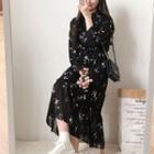Long-sleeve Floral Gather Waist Dress