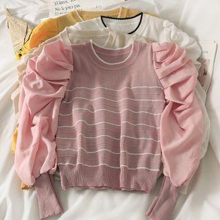 Round-neck Two Tone Striped Pleated Cropped Top
