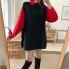 Plain Long-sleeve Shirt Dress / Sleeveless Knit Top