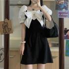 Puff-sleeve Bow Two-tone A-line Dress