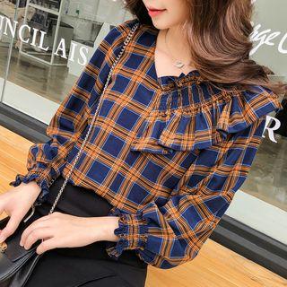 Long-sleeve Ruffle-trim Plaid Top
