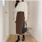 Ruffle Long-sleeve Blouse / Midi Pencil Skirt
