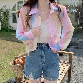 Tie-dye Drawstring Crop Shirt Tie-dye - Pink & Blue - One Size