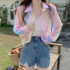 Tie-dye Drawstring Crop Shirt Tie-dye - Pink & Blue - One Size