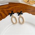 Faux Pearl Bow Drop Earring 1 Pair - Black & Gold - One Size