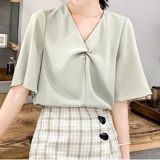 Twist-front Short-sleeve V-neck Blouse