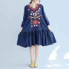 3/4 Sleeve Ruffle-hem Embroidery Midi Dress