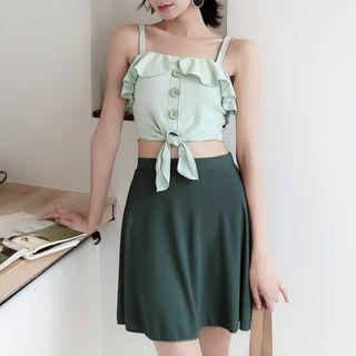 Set: Frill-trim Swim Top + Swim Skirt + Bottom
