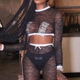 Set: Long-sleeve See-through Cropped Top + See-through Pants