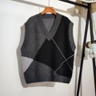 V-neck Argyle Knit Vest Dark Gray - One Size