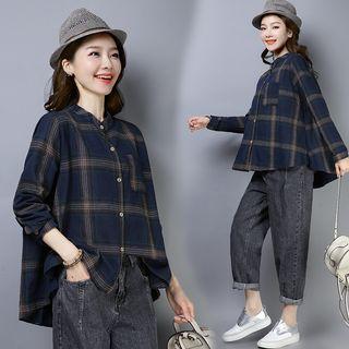 Plaid Stand-collar Long-sleeve Shirt