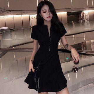 Short-sleeve Half-zip Mini A-line Dress