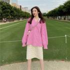 Plain V-neck Loose-fit Long-sleeve Cable-knit Sweater / Plain High-waist Cable-knit Skirt