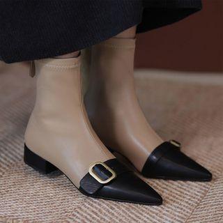 Pointed Buckled Block Heel Short Boots