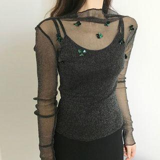 Long Sleeve Glitter Mesh Top